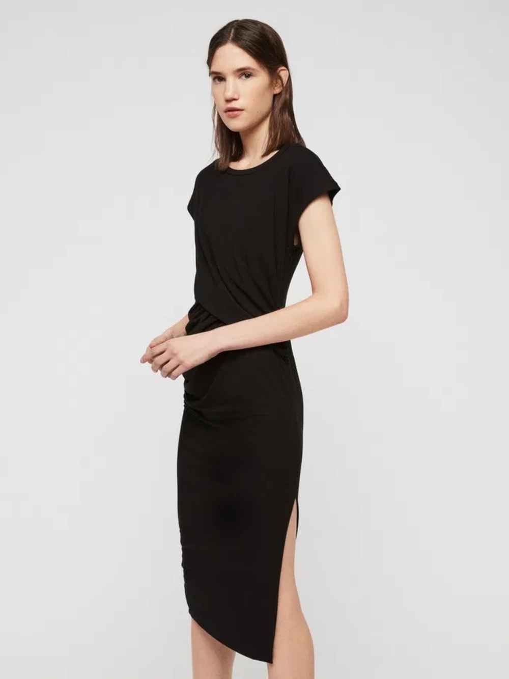 ALLSAINTS Kasia Jersey Draped Ruched Midi Dress Black Cap Sleeve Bodycon Slit